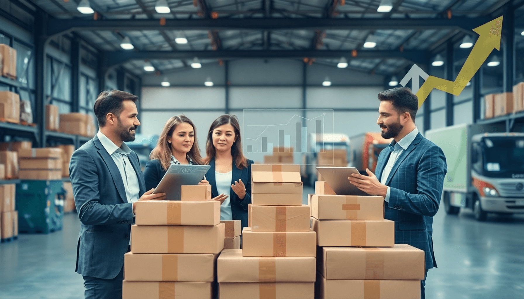 Warehouse with stacks of parcels and business professionals analyzing data on transparent screens, with delivery trucks and arrows symbolizing effi...