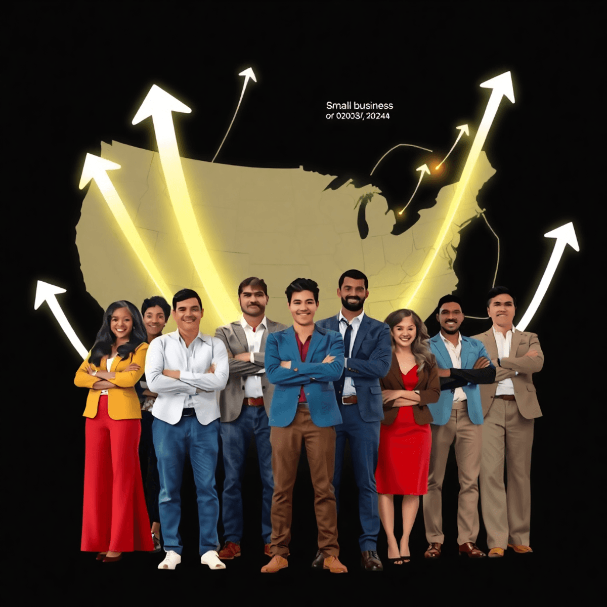 A diverse group of small business owners stand confidently before a stylized map with glowing arrows and lines symbolizing growth and opportunity i...