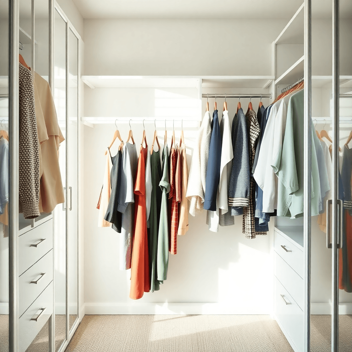Bright, organized closet with versatile clothing on wooden hangers, bathed in soft natural light, creating a minimalist and calm atmosphere.