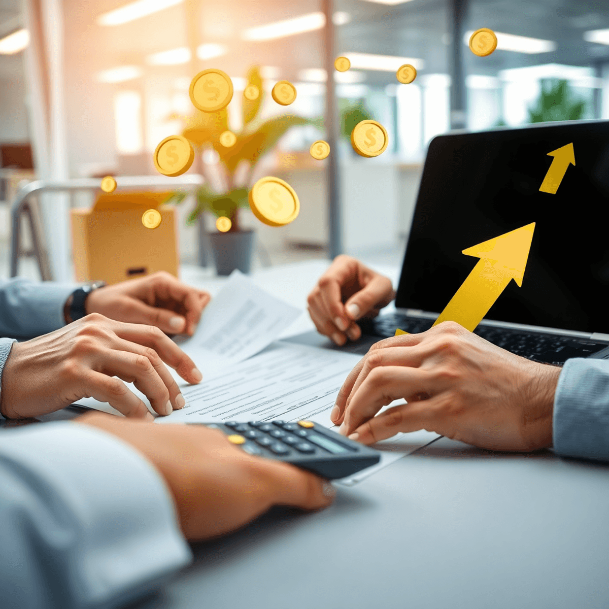 Hands reviewing shipping documents with calculator and laptop, surrounded by floating coins and upward arrows in a bright modern office.