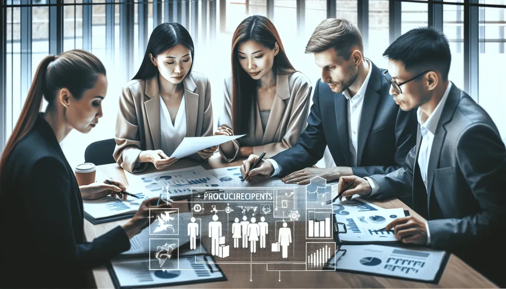 A diverse group of professionals, including an Asian woman and a Caucasian man, engaged in a collaborative meeting around a table filled with docum...