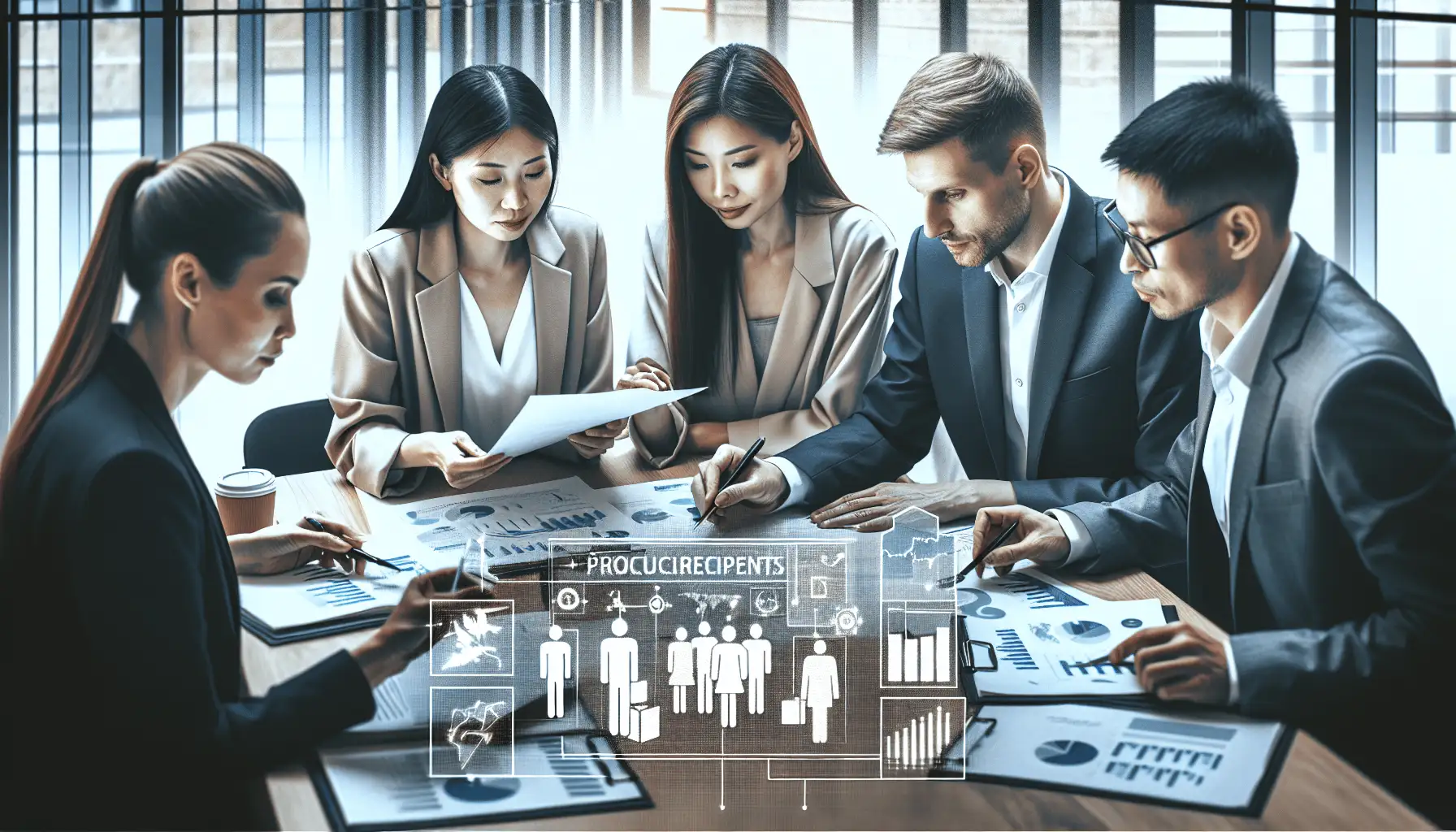 A diverse group of professionals, including an Asian woman and a Caucasian man, engaged in a collaborative meeting around a table filled with docum...