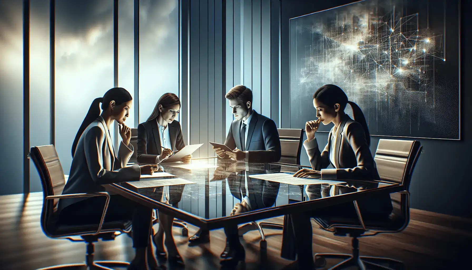 A diverse group of three professionals engaged in a collaborative meeting around a polished conference table. A Caucasian woman is reviewing docume...