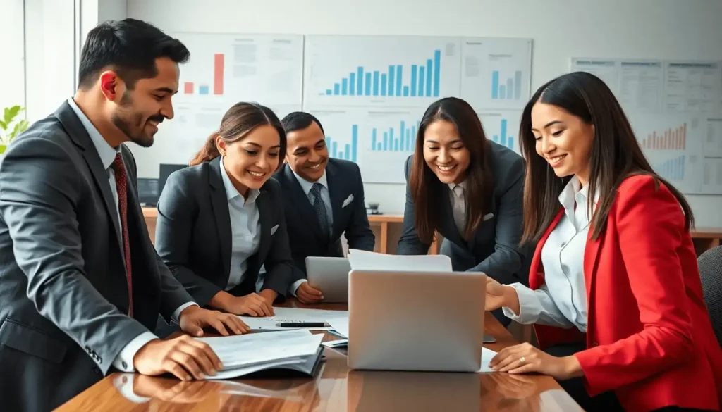 A group of professionals in business attire collaborating around a table with documents and a laptop, set in a positive office environment with cha...