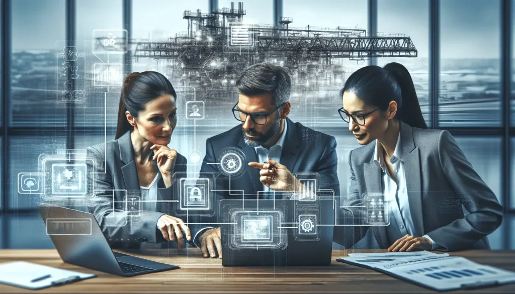 Three professionals engaged in a digital procurement meeting, featuring a Caucasian woman, an Asian man, and a Hispanic woman. They are seated arou...