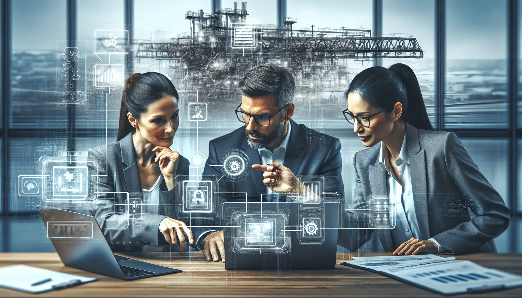 Three professionals engaged in a digital procurement meeting, featuring a Caucasian woman, an Asian man, and a Hispanic woman. They are seated arou...
