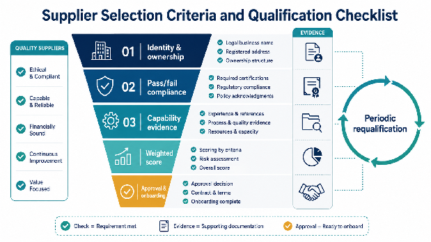 Supplier Selection Criteria and Qualification Checklist 5 Supplier qualification funnel from identity verification and pass-fail screening through weighted scoring, approval, and periodic requalification