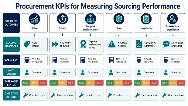 Procurement KPIs for Measuring Sourcing Performance 4 Procurement KPI architecture linking strategic outcomes to leading indicators, formulas, data owners, thresholds, and corrective actions