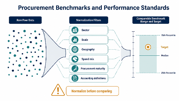Benchmark normalization funnel showing raw peer data adjusted for sector, scale, geography, spend mix, maturity, and accounting definitions