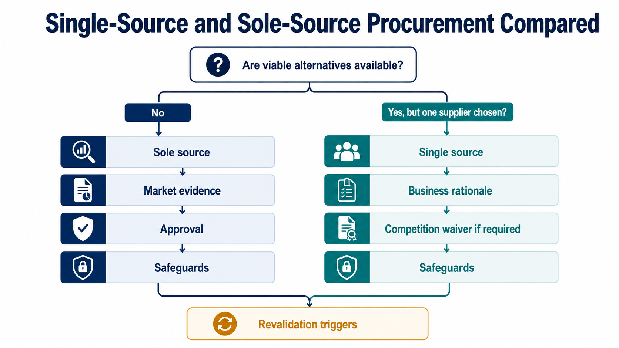 Single-source-versus-sole-source decision tree with market evidence, alternatives analysis, approvals, safeguards, and revalidation triggers
