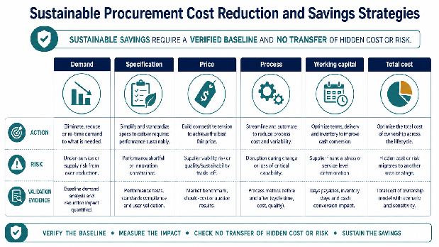 Sustainable Procurement Cost Reduction and Savings Strategies 1 Procurement savings-lever matrix mapping demand, specification, price, process, working-capital, and total-cost levers to risks and validation evidence