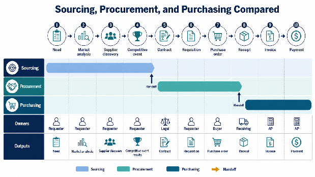 Sourcing, Procurement, and Purchasing Compared 9 End-to-end buying lifecycle mapping sourcing, procurement, and purchasing activities, owners, handoffs, and outputs