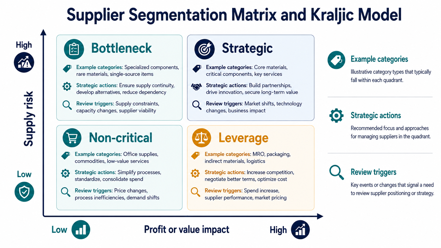 Kraljic four-quadrant supplier matrix with scoring criteria, example categories, strategic actions, and review triggers