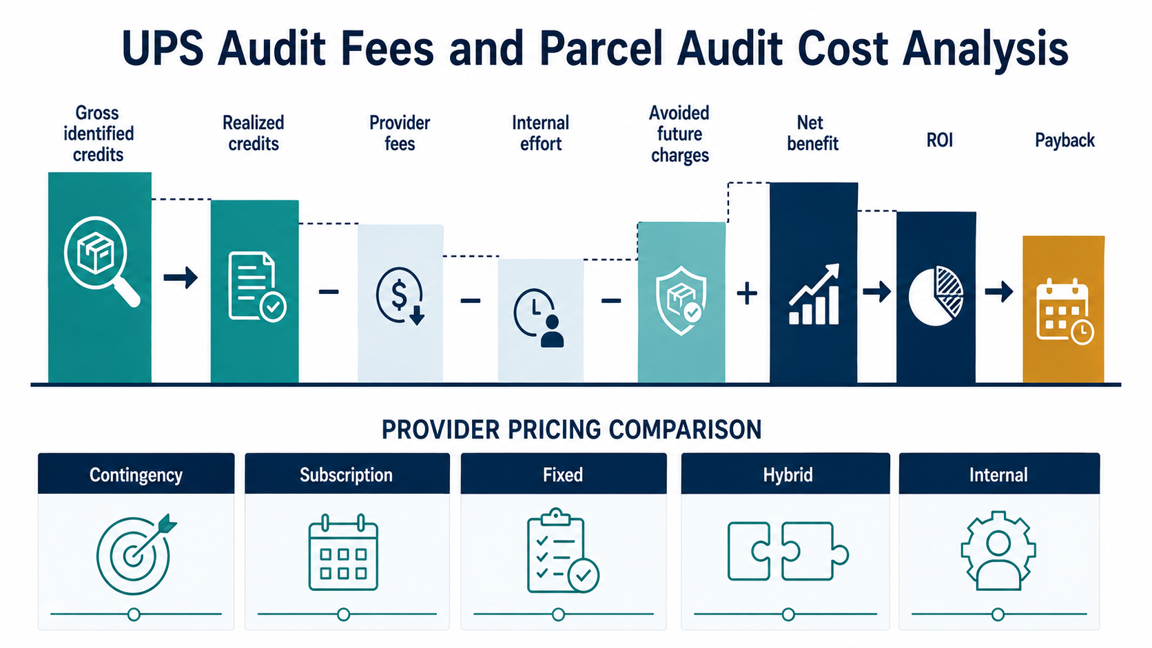 Parcel audit economics waterfall from gross identified credits through provider fees and internal cost to realized net savings, ROI, and payback